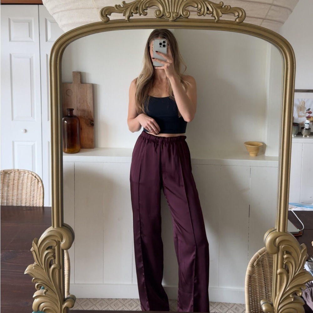 Women's Burgundy Satin Silky Pants | S long, S tall